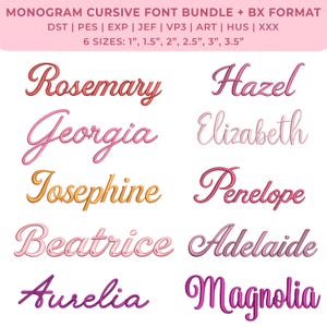 Può includere: Un pacchetto di font per ricamo digitale intitolato MONOGRAM CURSIVE FONT BUNDLE + BX FORMAT. Elenca i formati di file DST, PES, EXP, JEF, VP3, ART, HUS, XXX e 6 dimensioni: 2,5 cm, 3,8 cm, 5,1 cm, 6,4 cm, 7,6 cm, 8,9 cm. Mostra nomi in corsivo: Rosemary, Hazel, Georgia, Elizabeth, Josephine, Penelope, Beatrice, Adelaide, Aurelia e Magnolia.