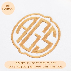 Op de afbeelding: Een goudkleurig, rond monogram borduurontwerp met de letters AGS in een gestileerd lettertype. De afbeelding bevat de tekst BX FORMAT en vermeldt 6 maten van 1 tot 3,5 inch, samen met bestandsformaten zoals DST, PES, EXP, JEF, VP3, ART, HUS en XXX.