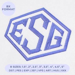 ESG Diamond Monogram Font, Geometric 3 Letter Machine Embroidery Alphabet, Hexagon Frame Monogram, 8 Sizes, 8 Formats for Bags and Gifts DIY