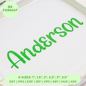 以下が含まれることがあります： 白い背景に明るい緑色の筆記体で「Anderson」と書かれたデジタル刺繍デザイン。画像にはBX形式のラベルが含まれており、2.54cmから8.89cmまでの6つのサイズと、DST、PES、EXP、JEF、VP3、ART、HUS、XXXのファイル形式が記載されています。