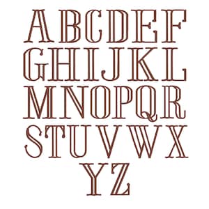 May include: A complete set of uppercase letters from A to Z, rendered in a brown, double-lined serif font. Each character features a distinct dual-outline style, creating a structured and uniform appearance across the entire alphabet display.