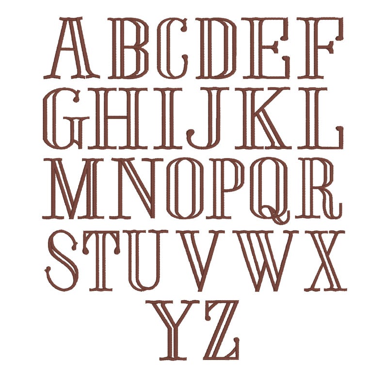 May include: A complete set of uppercase letters from A to Z, rendered in a brown, double-lined serif font. Each character features a distinct dual-outline style, creating a structured and uniform appearance across the entire alphabet display.