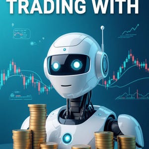 May include: A futuristic image with the text "10X YOUR TRADING WITH" above a white robot with glowing blue eyes and a blue light on its chest. Stacks of gold coins are in front of the robot, with stock charts in the background.
