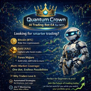 May include: A promotional graphic for Quantum Crown, an AI trading bot. The image features a futuristic robot, a golden crown, and text highlighting features like Bitcoin trading, automated strategies, and 24/7 monitoring. The background has a digital trading chart.