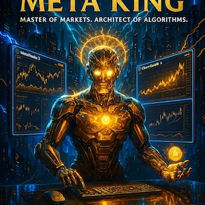 May include: Digital artwork featuring a futuristic figure with glowing eyes and a golden aura, positioned in front of computer screens displaying financial charts. The text "QUANTUM META KING" is at the top, with "MASTER OF MARKETS. ARCHITECT OF ALGORITHMS." below.