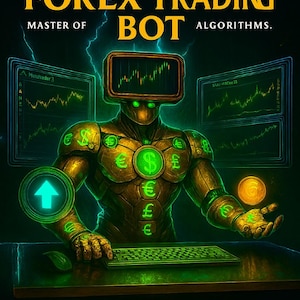 May include: Digital illustration of a gold robot with a screen head, currency symbols, and a keyboard. The text reads "GOLD FOREX TRADING BOT ALGORITHMS." Additional text includes "POWERED BY MT5 & ChartGold 6."
