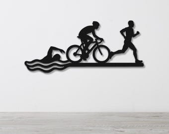Triathlon Metal Wall Art: Momentum Sculpture, Swim Bike Run Design | Steel, Indoor Outdoor, Endurance Motivation | Athletic Decor