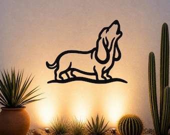 Howling Basset Hound Metal Wall Art, Bold Silhouette (Rustic Farmhouse Style, Powder-Coated Steel, Indoor Outdoor)