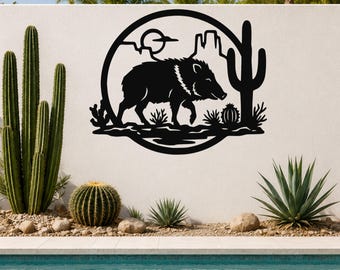 Escultura rústica de metal con forma de jabalí, estilo suroeste, silueta de fauna del desierto (acero, ideal para interiores y exteriores, decoración de cabañas).