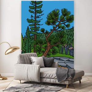 Basalt Formation Art: Devils Postpile Tapestry, Tree Against Sky Scene | Premium Fabric, Nature Decor | Mountain Gift
