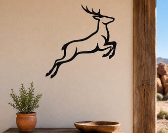 Jumping Deer Metal Wall Art Wildlife Silhouette, Graceful Design (Powder Coated Steel, Rust Resistant, Indoor Outdoor)