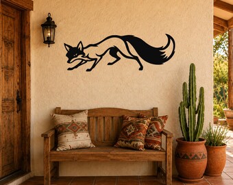 Sneaky Fox Metal Wall Art: Rustic Woodland Animal Silhouette, Powder Coated Steel (Indoor Outdoor, Rust Resistant Finish)