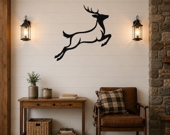 Jumping Deer Metal Wall Art: Graceful Silhouette, Powder Coated Steel | Indoor Outdoor Decor, Rustic Cabin Accent | Durable Garden Sculpture
