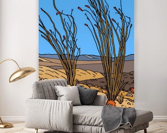 Anza Borrego Desert Cactus Tapestry - Southwest Nature Art Wall Hanging - Ocotillo Green Arms, Earth Tone Fabric, Durable Design
