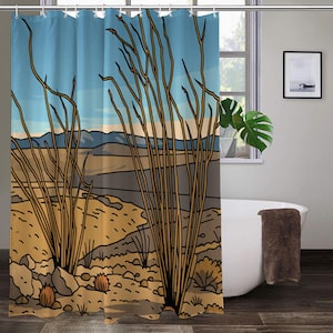 Anza Borrego Desert View Shower Curtain, Bill Kenyon Overlook Art, Ocotillo Cactus Scene (Durable Fabric, Quick Drying, Easy Care)