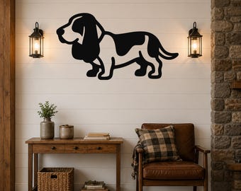 Basset Hound Metal Dog Art: Minimalist Rustic Silhouette - Powder-Coated Steel, Weatherproof, Indoor Outdoor Decor