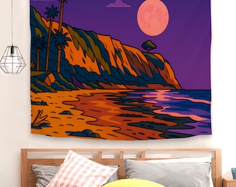 Strawberry Moonrise Wall Hanging: Coastal Twilight Scene - Soft Fabric, Durable Design, Hand Wash Friendly