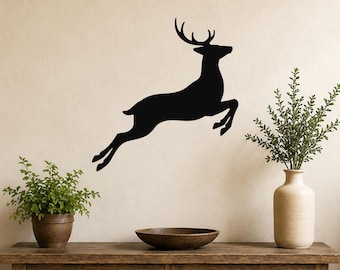 Jumping Deer Metal Wall Art: Rustic Wildlife Silhouette - Powder Coated Steel, Indoor Outdoor, Cabin Decor