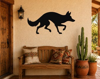 Sneaky Coyote Metal Wall Art, Minimal Modern Silhouette (Powder Coated Steel, Rust Resistant, Indoor Outdoor Decor)