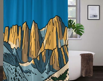 Cortina de ducha de invierno del Monte Whitney: Arte de las montañas de Sierra Nevada, diseño de granito rústico (impermeable, tejido de secado rápido).
