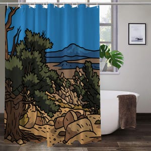 Jałowiec sosnowy Adobe Serene Desert Escape: Rustykalna sceneria dzikiej przyrody Sierra – Ekologiczna, wodoodporna tkanina, łatwa w pielęgnacji dekoracja łazienki