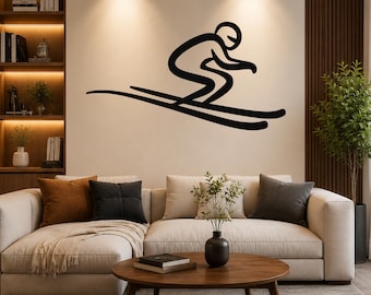 Skiing Metal Wall Art - Minimalist Skier Sculpture - Weatherproof Steel, Indoor Outdoor, Alpine Home Accent
