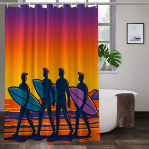 ビスタシャワーカーテン - UCSBサーフアートビーチデコレーション - カリフォルニア海岸の夕日シーン、耐久性のあるポリエステル製、防水、バスルームのアクセント