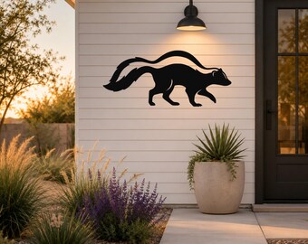Sneaky Skunk Metal Wall Art: Minimal Woodland Silhouette - Powder Coated Steel, Indoor Outdoor Use, Rust Resistant