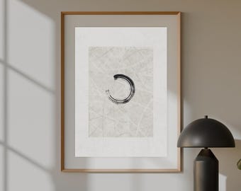 Impresión artística de círculo zen, pintura con tinta sumi-e, decoración minimalista wabi-sabi (descarga digital)