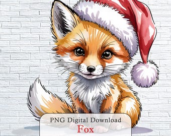 Watercolor Fox Christmas Clipart, Digital Download PNG, 5000 by 5000 Pixels with Transparent Background