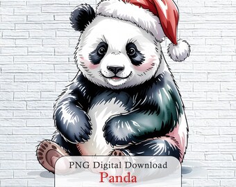 Watercolor Panda Christmas Clipart, Digital Download PNG, 6000 by 6000 Pixels with Transparent Background
