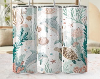 Underwater Tumbler Wrap PNG, Dolphin and Sea Turtle Design, Ocean Life Digital Download, Sublimation Design Tumblers, PNG File