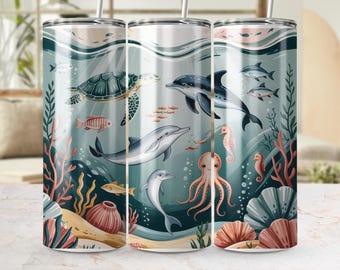 Underwater Scene Tumbler Wrap PNG, Dolphins Tumbler Wrap, Sea Turtle Tumbler Design, Ocean Life Digital Download, Sea Life Design