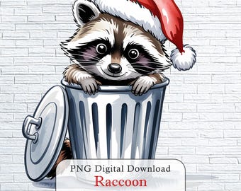 Watercolor Raccoon Christmas Clipart, Digital Download PNG, 6000 by 6000 Pixels with Transparent Background