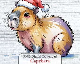 Watercolor Capybara Christmas Clipart, Digital Download PNG, 6000 by 6000 Pixels with Transparent Background