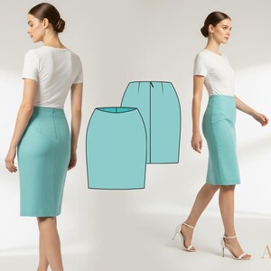 Op de afbeelding: Een licht turquoise potloodrok wordt getoond op een model, gecombineerd met een wit t-shirt. De rok heeft een getailleerde pasvorm en een split aan de achterkant. Een lijntekening van de rok is ook te zien. Het model draagt witte hakken.