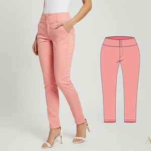 May include: Peach-colored high-waisted pants with a button closure and pockets. The pants are shown on a person wearing white heels. A diagram of the pants is shown on the right.