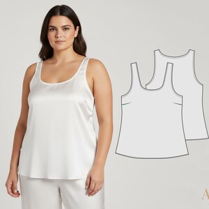 May include: A woman in a white satin tank top with a scoop neckline and matching white trousers. A line drawing of a tank top pattern is to the right. The tank top has a smooth, shiny texture. The overall theme is sleepwear or loungewear.