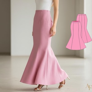 May include: A dusty rose mermaid skirt with a high waist and flared hem. The skirt is shown on a person wearing a white top and white heels. A pattern of the skirt is shown in the upper right corner.