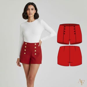 May include: A woman wearing a white long-sleeve shirt and red shorts. The shorts have a high waist and gold-colored buttons. A technical drawing of the shorts is also shown.