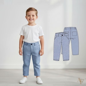 May include: A young child wearing light blue pants and a white t-shirt, paired with white sneakers. The image also shows a technical drawing of the pants, highlighting the design and construction details. The pants have a button closure and pockets.