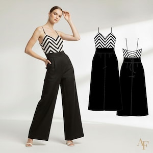 Könnte beinhalten: Eine Frau trägt ein schwarz-weißes Oberteil mit Chevron-Muster und Spaghettiträgern sowie eine hoch taillierte, schwarze Hose mit weitem Bein. Zwei Illustrationen ähnlicher Outfits sind rechts zu sehen. Das Outfit ist modisch und stilvoll.