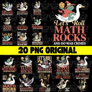 May include: A set of PNG graphics with a frog in a wizard hat riding a swan, holding dice. The text reads "Let's Roll Math Rocks and Do War Crimes" in a whimsical font. The image also includes the text "20 PNG ORIGINAL".