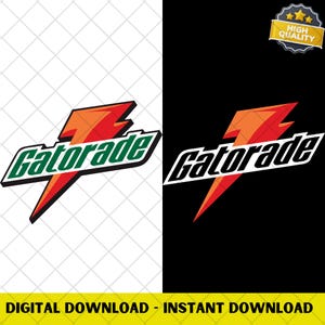 Puede incluir: Una descarga digital con el logotipo de Gatorade en dos versiones: una sobre fondo blanco y otra sobre fondo negro. El logotipo incluye la palabra "Gatorade" en verde y blanco, con un diseño de rayo rojo y naranja. El texto "DESCARGA DIGITAL - DESCARGA INSTANTÁNEA" está en la parte inferior.