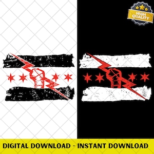 May include: A distressed graphic design featuring a red fist, lightning bolt, and stars on a black and white background. The design includes the text "DIGITAL DOWNLOAD - INSTANT DOWNLOAD" in yellow.