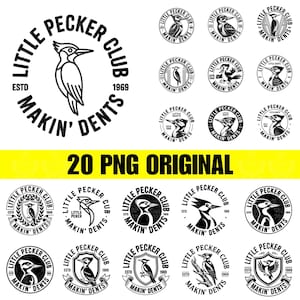 Może przedstawiać: Kolekcja czarno-białych logo Little Pecker Club z motywem dzięcioła. Loga są okrągłe i zawierają tekst "Little Pecker Club" i "Makin' Dents" z rokiem "1969". Obraz zawiera również tekst "20 PNG ORIGINAL".