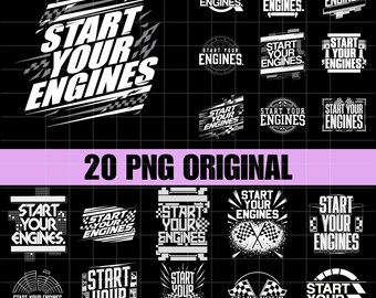 20種類のデザイン「Start Your Engines PNG」、レースカーファン向けクリップアート、レーシングチェッカーフラッグのデジタルダウンロード、モータースポーツ名言グラフィックデザイン、レーサーギフト