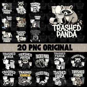 May include: A collection of digital illustrations featuring raccoons and the text "Trashed Panda." The images show raccoons in various scenarios with toilets and bins. The phrase "20 PNG ORIGINAL" is also visible in the image.