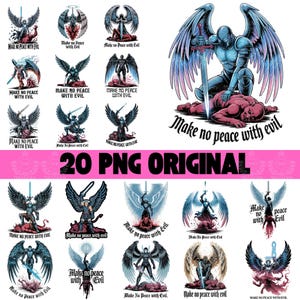 May include: Collection of 20 PNG original digital art images featuring winged figures with swords, in various poses. The phrase "Make no peace with evil" is included in each design, in a gothic font. The color palette includes shades of blue, red, and black.