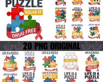 20 人生はパズル。解け！薬物フリーPNG SVG Tシャツデザイン | 薬物フリー啓発PNG | スクールスピリットTシャツデザイン | レッドリボンウィークシャツ
